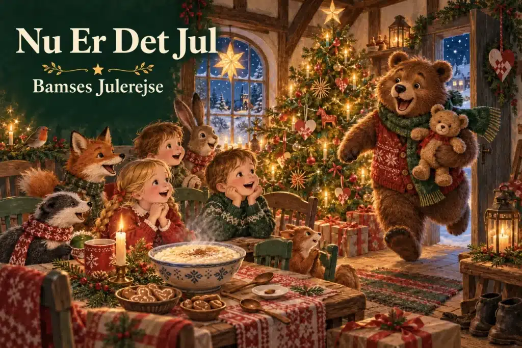 Nu Er Det Jul – glad bamse møder børn ved juletræet