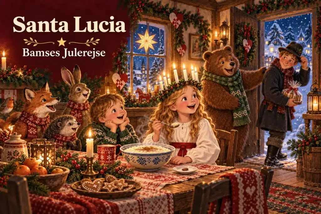 Santa Lucia – Lucia spiser risengrød med mandel sammen med en bamse