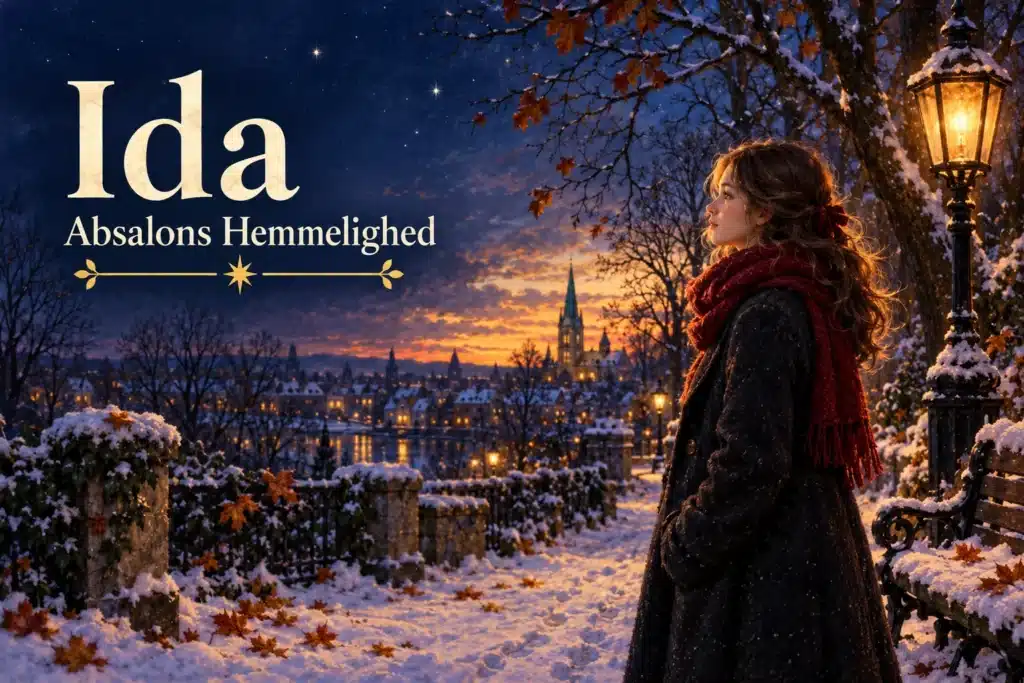 Ida – eftertænksom pige i sneklædt park under vinterhimlen