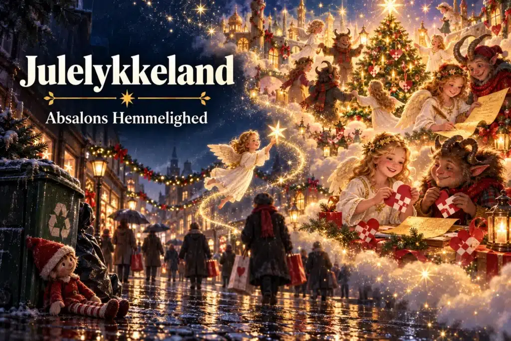 Julelykkeland – engel fører mennesker fra regnfuld julegade til juletræet