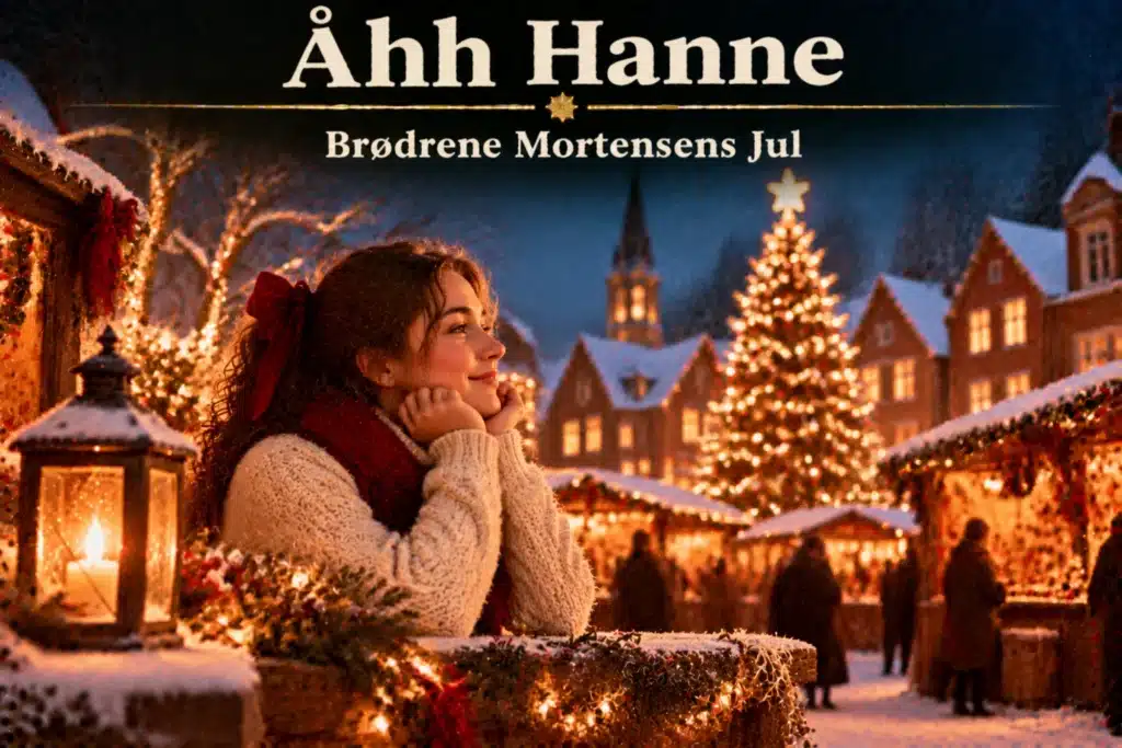 Kvinde nyder julehygge i sneklædt by med juletræ og lys