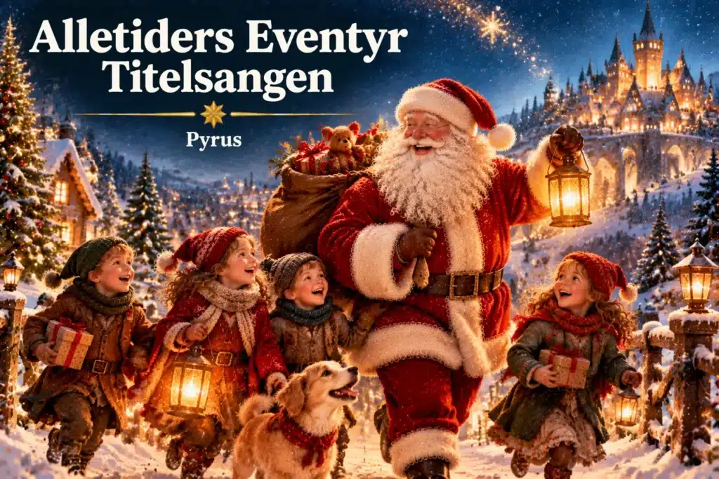 Julemand og børn går eventyr gennem sneklædt landsby med lys og gaver