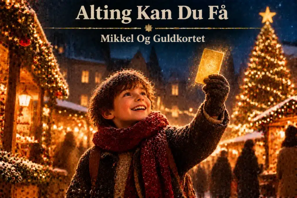 Barn holder gyldent kort i julemarked med lys, sne og juletræ