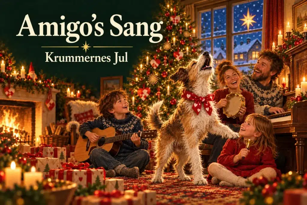 Amigo’s Sang – glad hund synger med familien omkring det pyntede juletræ