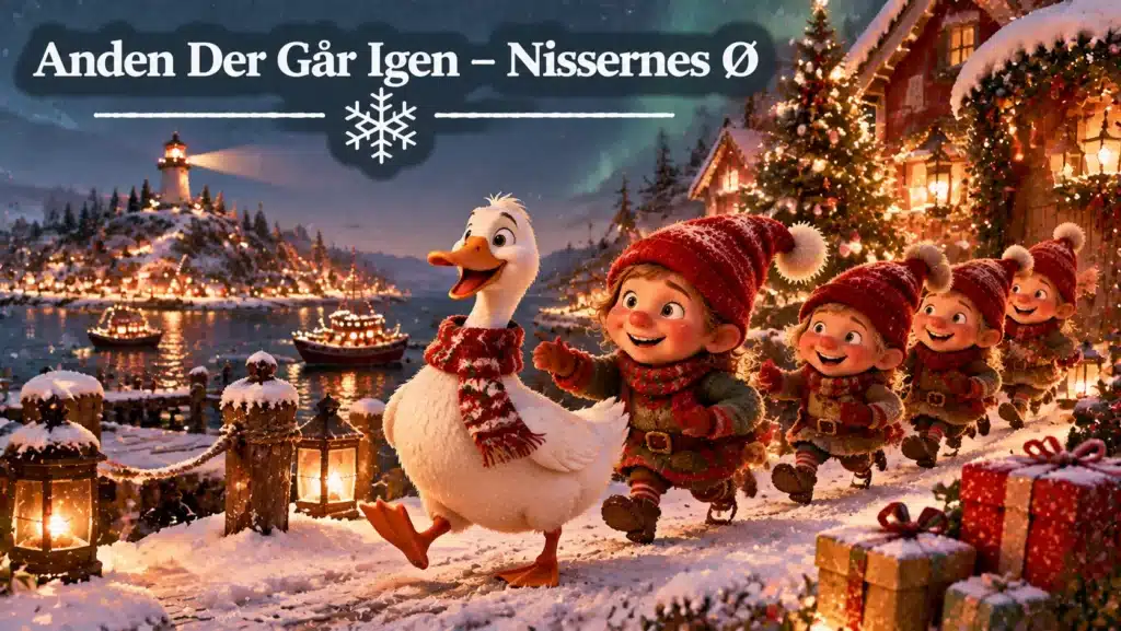 Nissebørn følger en and på Nissernes Ø med sne, julelys og hyggelig vinterstemning