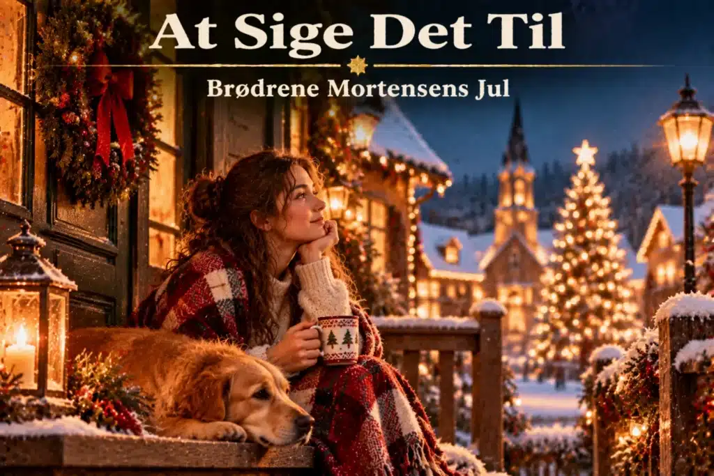 Kvinde nyder varm drik med hund i hyggelig sneklædt julelandsby