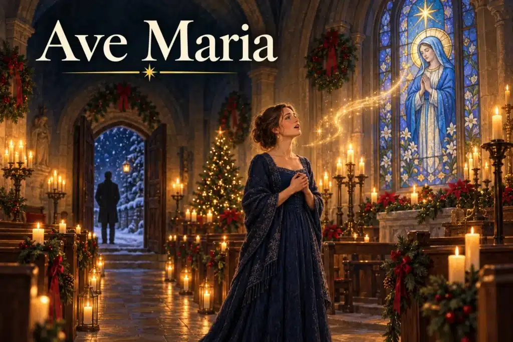 Ave Maria – sangerinde synger i et julebelyst kapel under Mariavinduet