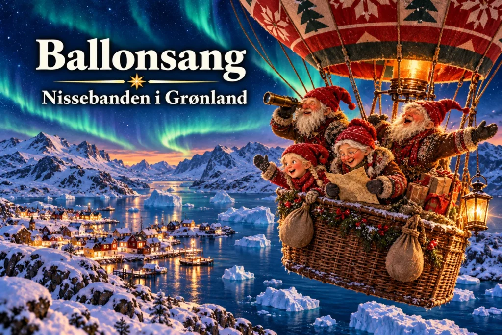 Ballonsang – nisser flyver i luftballon over Grønlands fjorde og isbjerge.