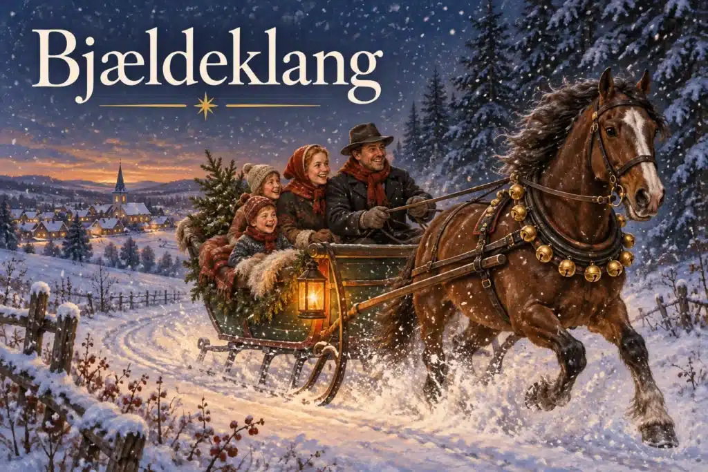 Bjældeklang – familie på kanetur med hest, bjælder og julelys