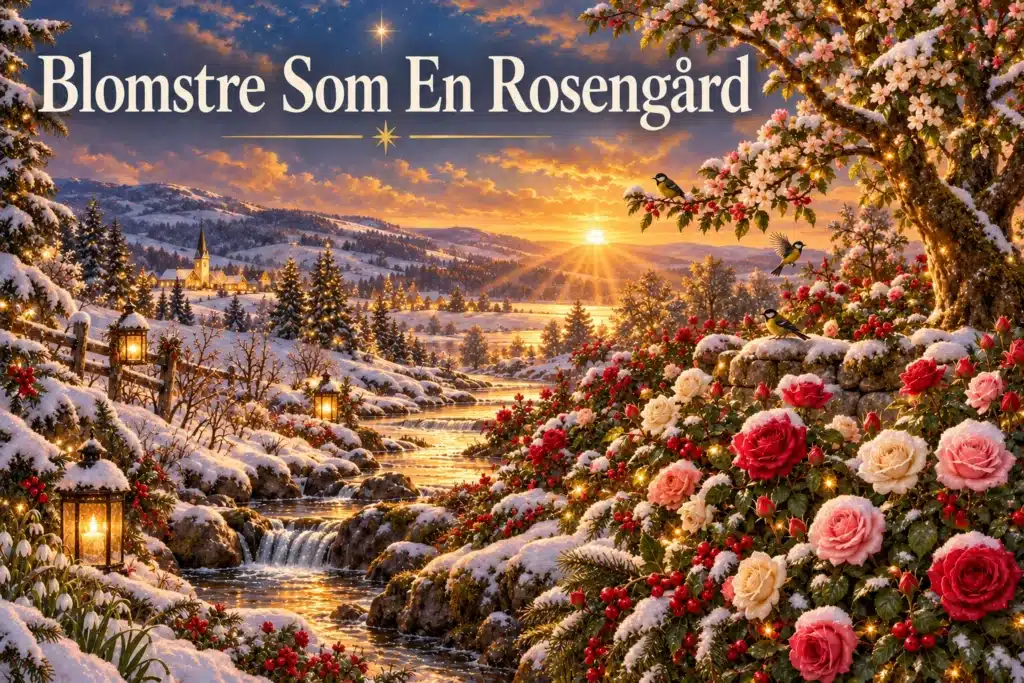 Blomstre Som En Rosengård – julelandskab med sne, kristtorn og blomstrende roser
