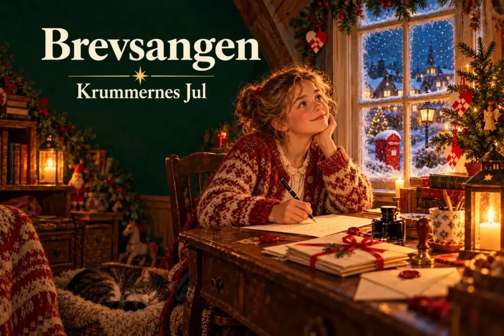 Brevsangen – pige skriver et julebrev ved vinduet i et hyggeligt juleværelse