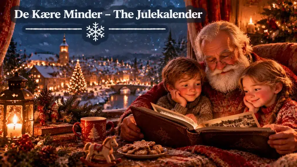 Nissefamilie deler minder med julebog, sne, julelys og hyggelig vinterstemning