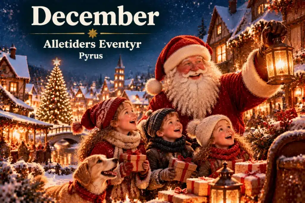 Julemand og børn fejrer december med gaver, sne og julelys