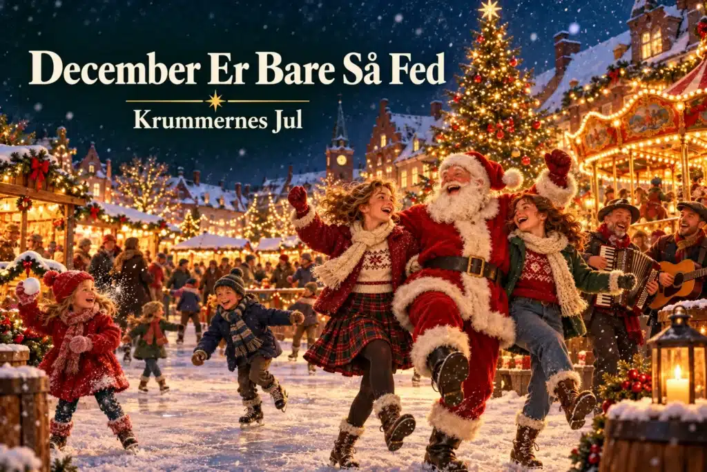 En Nissepige – ung nissepige fodrer skovdyr ved en julepyntet hytte i sneen