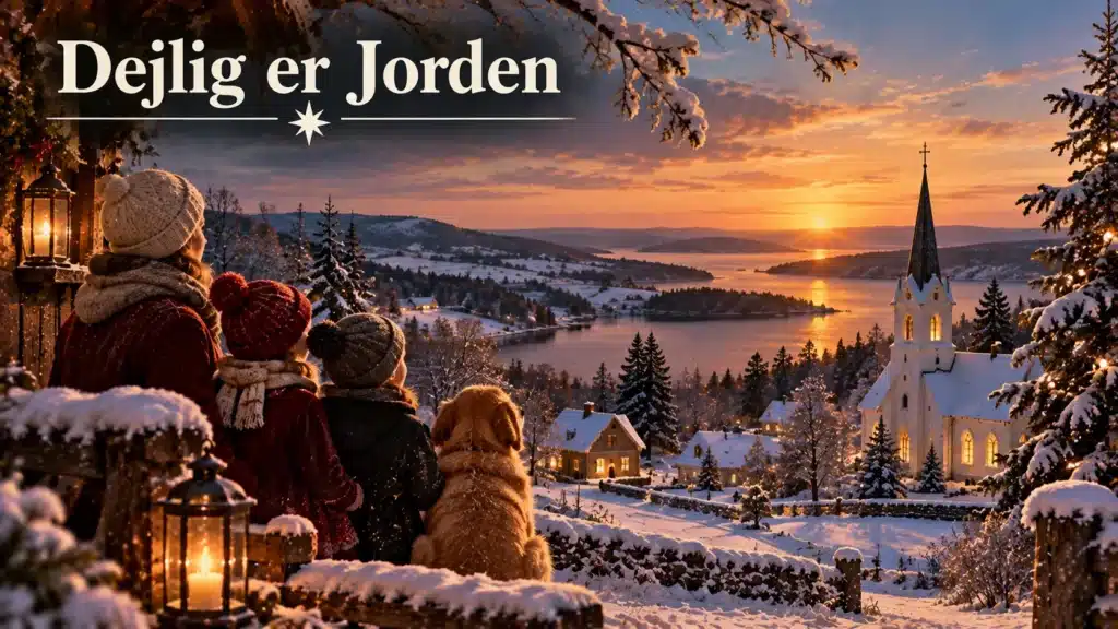 Dejlig er Jorden med familie, vinterlandskab og kirke i solnedgangen