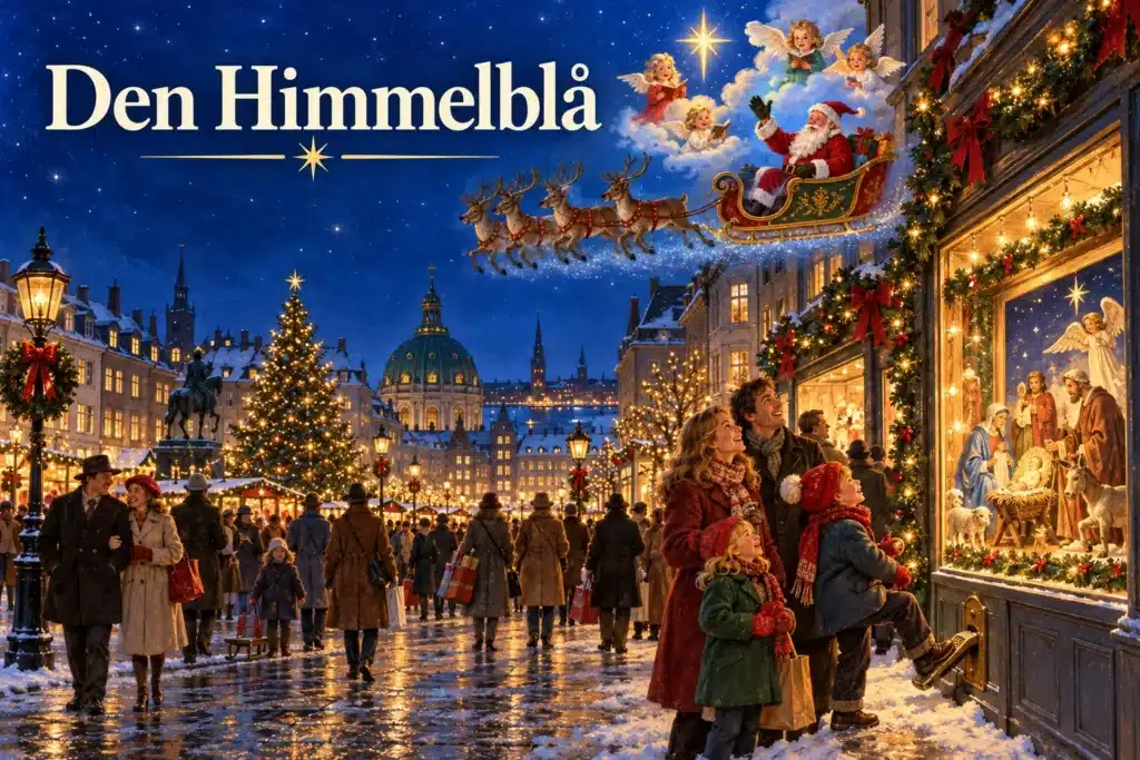 Den Himmelblå – julemand, engle og familier fejrer jul i København.