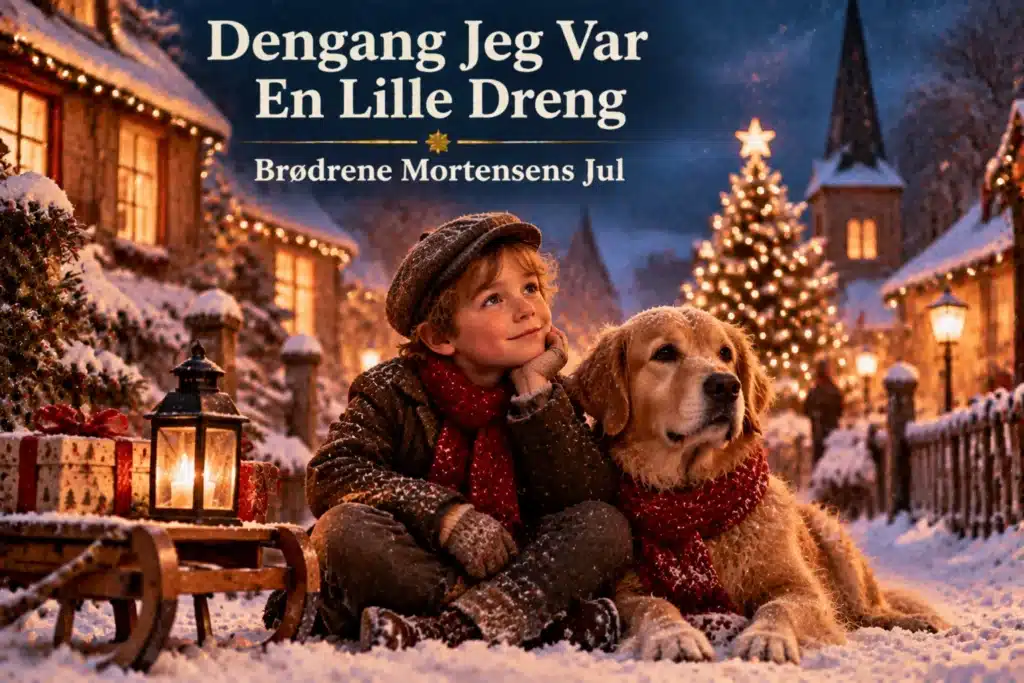 Dreng sidder med hund i sneklædt juleby med lys og juletræ
