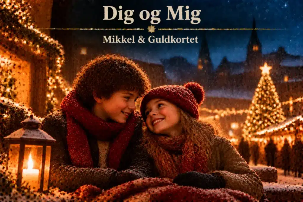 Børn deler hyggeligt juleøjeblik med lys, sne og juletræ
