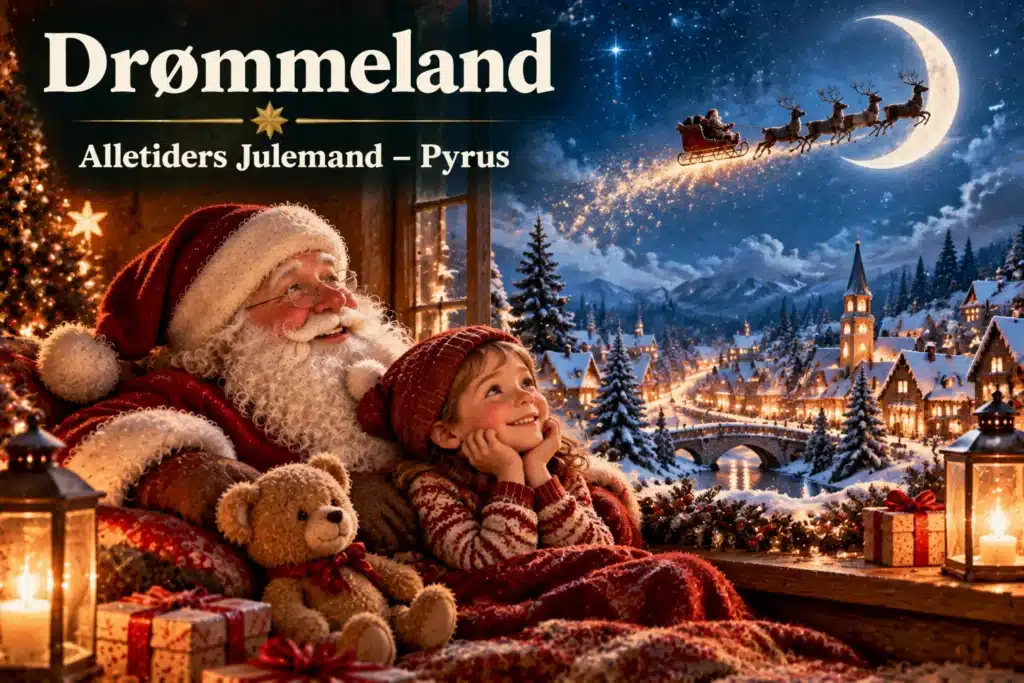 Julemand og barn drømmer i hyggelig vinterstue med sne, lys og juleby