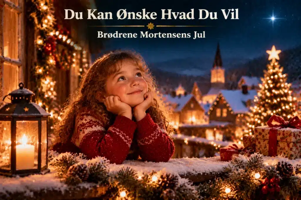 Pige ønsker juleønsker i sneklædt landsby med julelys og gaver