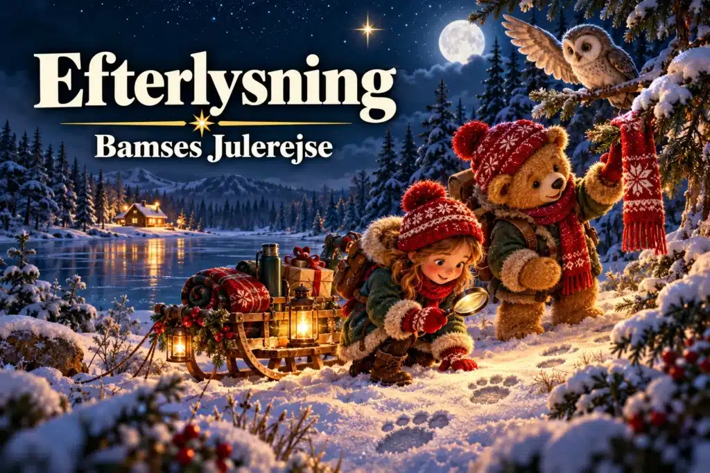 Efterlysning – bamse og pige følger spor gennem en sneklædt juleskov