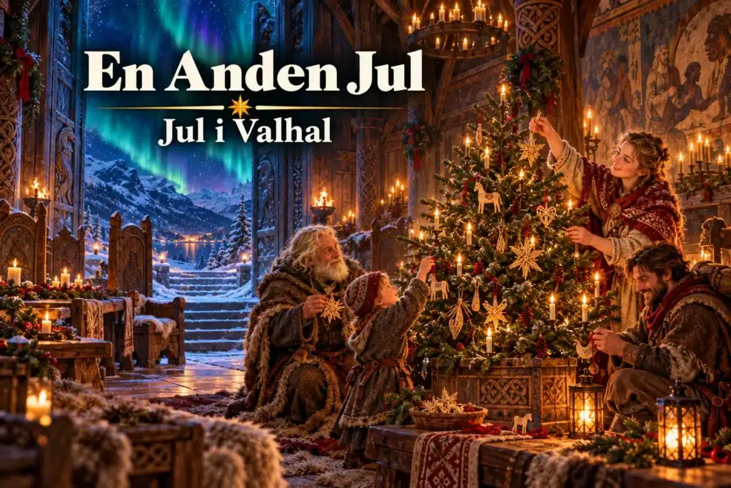 En Anden Jul – rejsende pynter juletræ sammen i Valhals varme hal