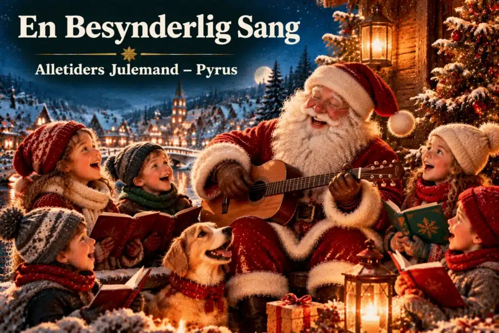 Julemand synger med børn i sneklædt landsby med musik og julelys