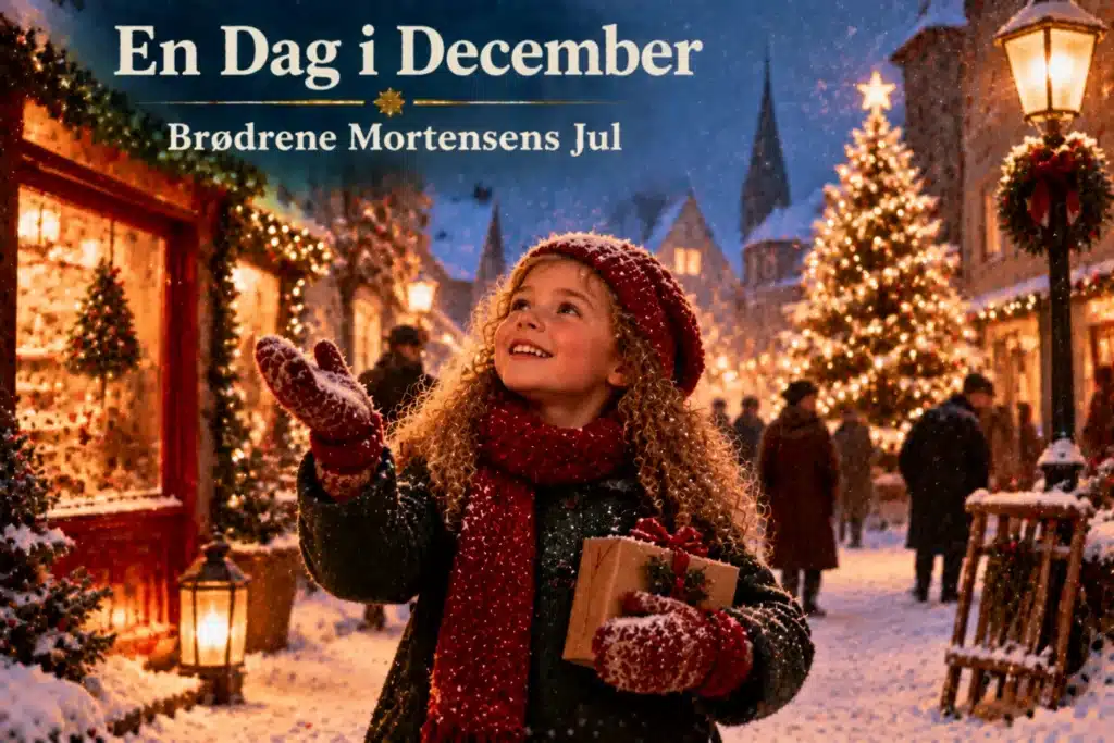 Pige nyder decemberdag i sneklædt juleby med lys og gave
