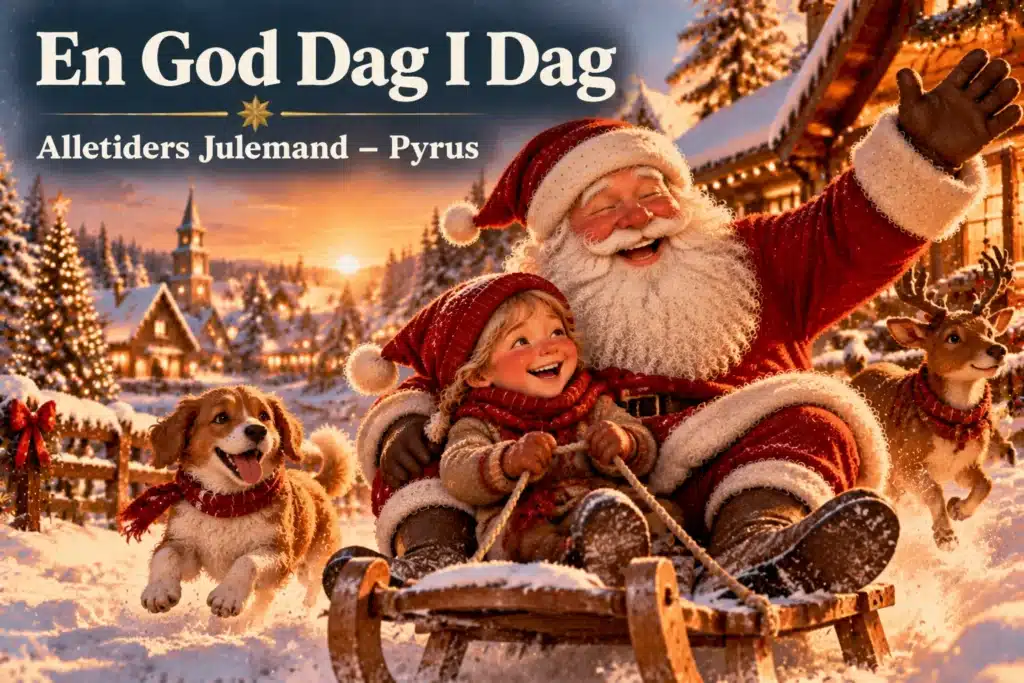 Julemand og barn kører slæde i sneklædt landsby med julelys og dyr