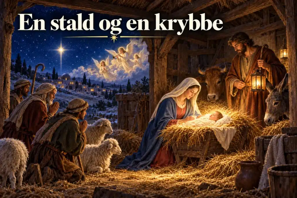 En stald og en krybbe – Jesusbarnet hviler blandt Maria, hyrder og engle