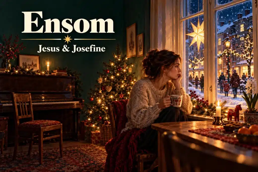 Ensom – kvinde sidder alene ved vinduet og ser ud på julebyen