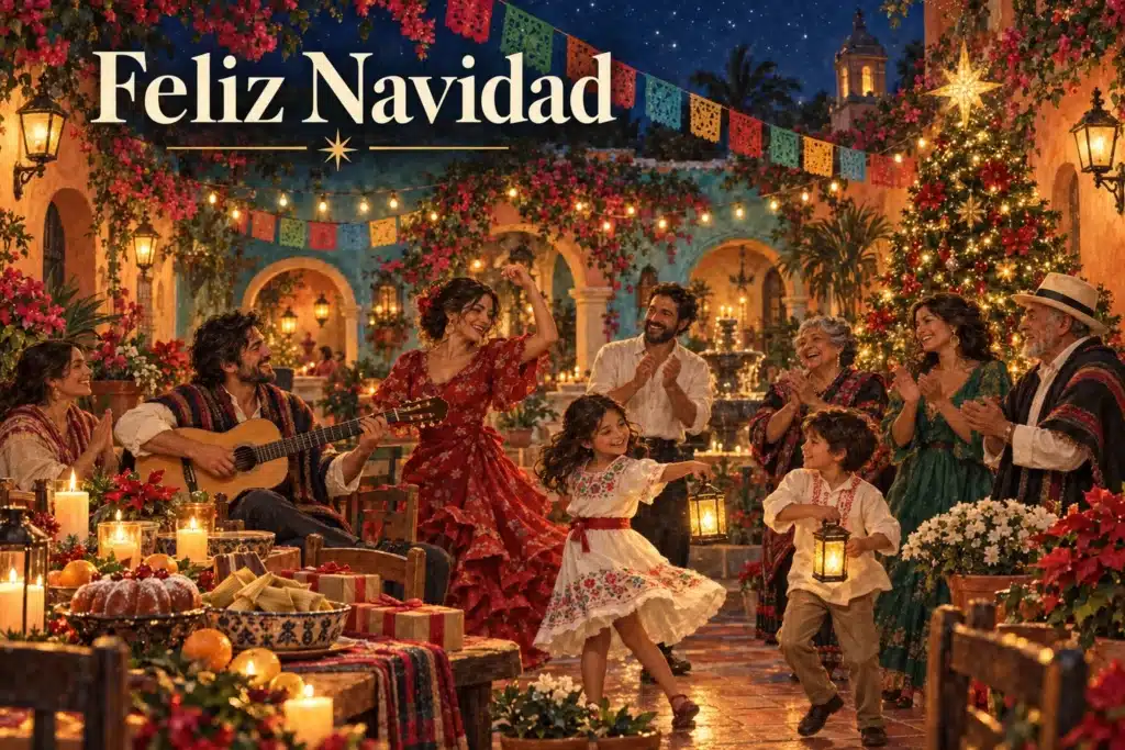 Feliz Navidad – familie danser til guitarmusik i en julepyntet gårdhave