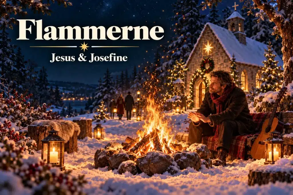 Flammerne – mand varmer hænderne ved et vinterbål foran en julepyntet kirke