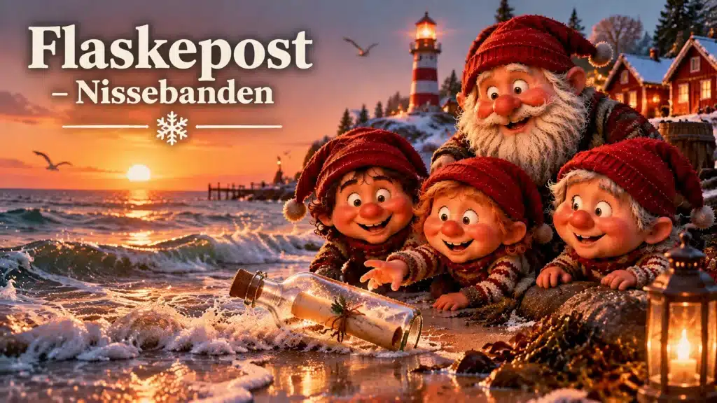 Nisser finder en flaskepost ved havet med julelys og magisk vinterstemning