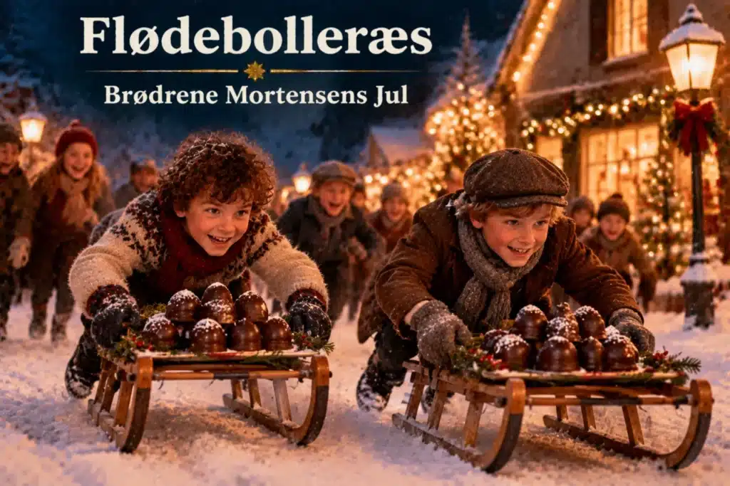 Børn kører slædeløb med flødeboller i sneklædt julelandsby