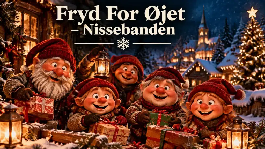 Nisser fejrer jul med gaver, julelys og hyggelig stemning i en sneklædt landsby