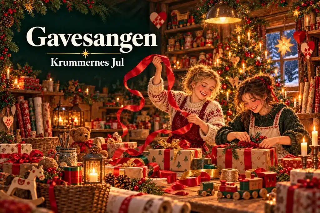 Godnat – mor putter sit barn i en julepyntet seng på en snefuld aften