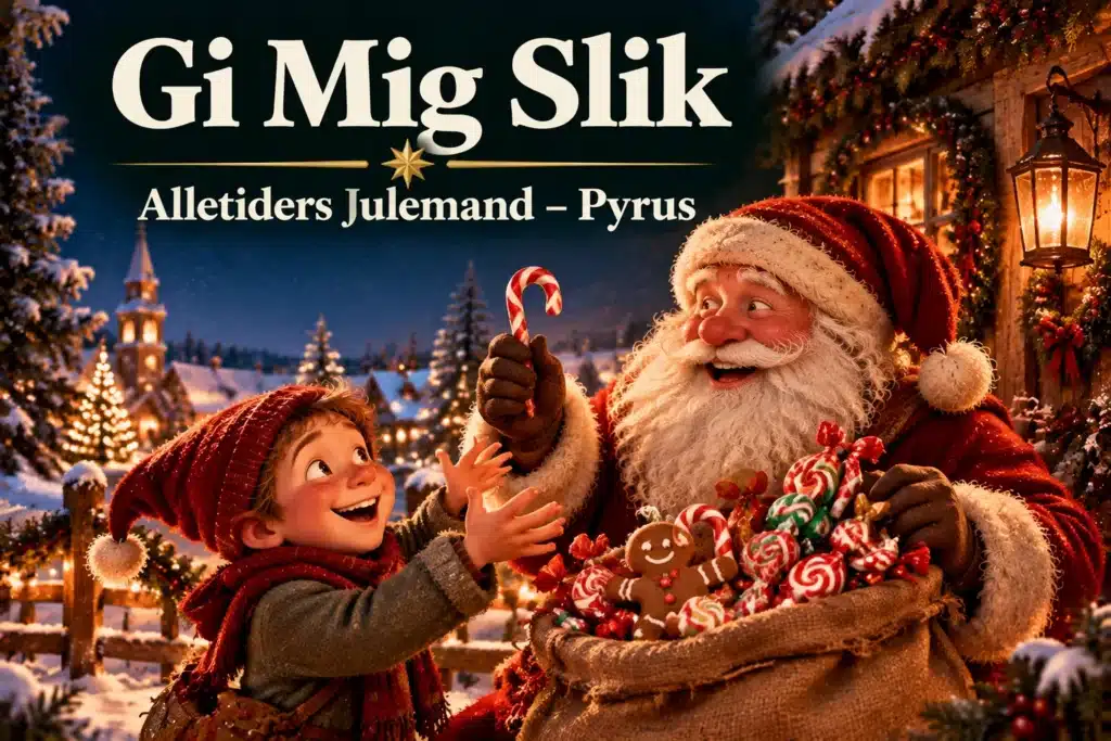 Julemand giver slik til nissebarn i sneklædt landsby med julelys