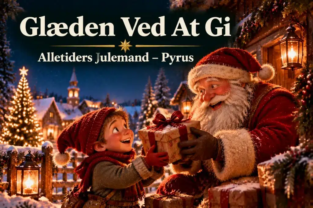 Julemand giver gave til nissebarn i sneklædt landsby med julelys