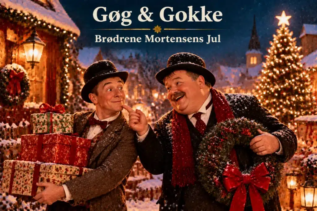 To mænd fejrer jul med gaver og krans i sneklædt juleby