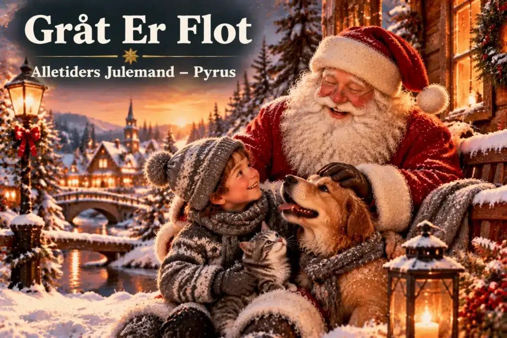 Julemand og barn med hund i sneklædt landsby med julelys og vinterhygge.