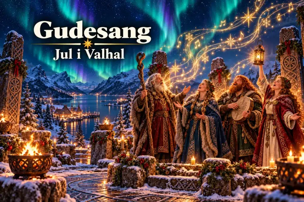 Gudesang – nordiske skikkelser synger under nordlys ved en sneklædt fjord