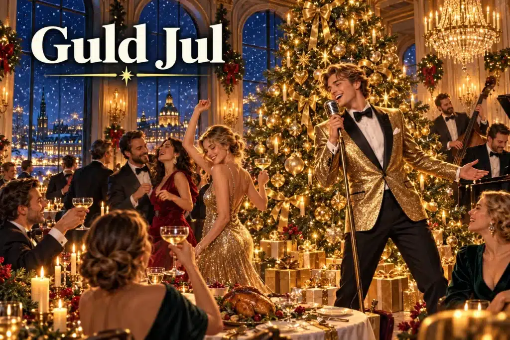 Guld Jul – sanger optræder ved glamourøs julefest med gyldent juletræ