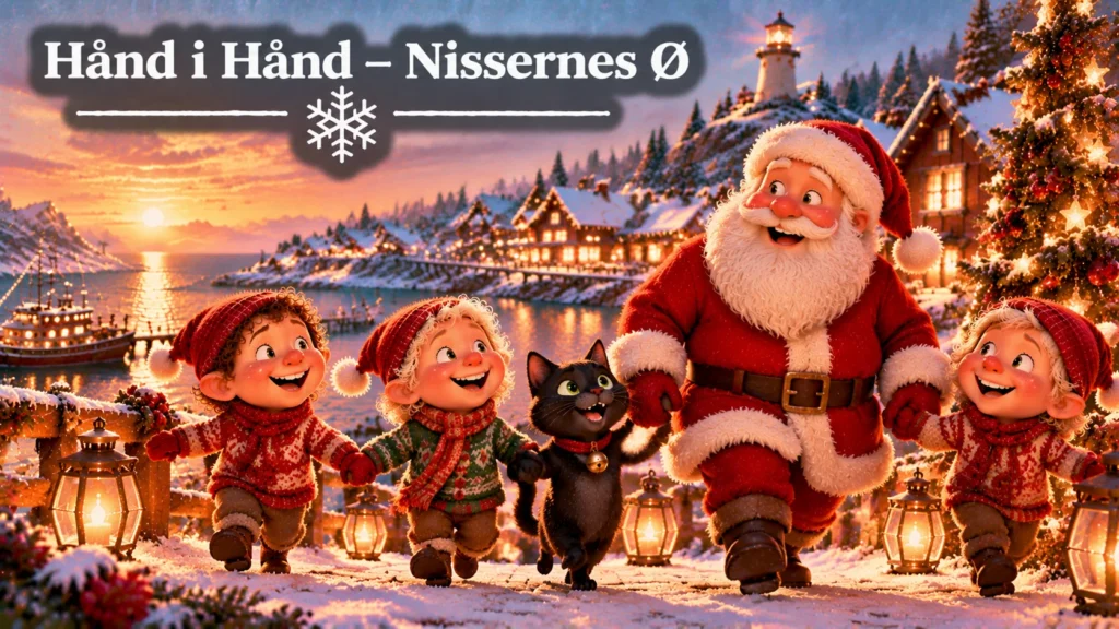 Nisser og julemanden går hånd i hånd på Nissernes Ø med sne, havn og julelys