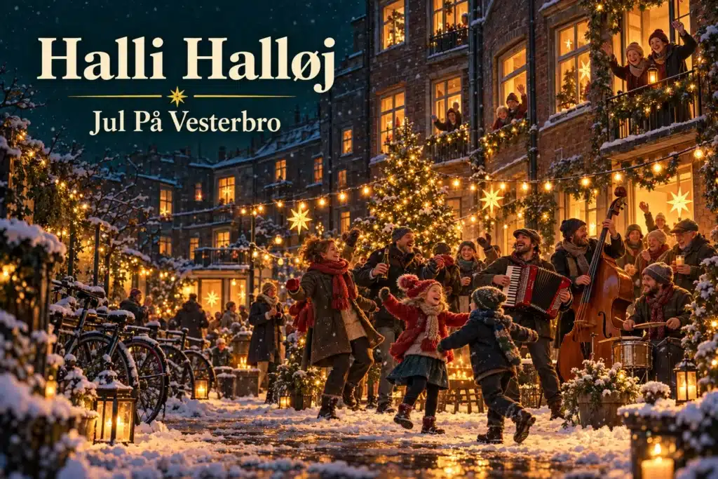 Halli Halløj – glade Vesterbro-beboere danser til julemusik i en sneklædt gård