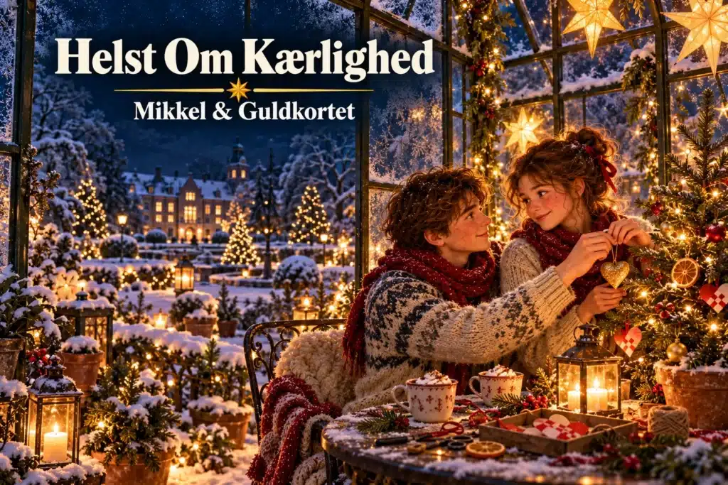 Helst Om Kærlighed – ungt par pynter juletræ med guldhjerte i vinterhaven