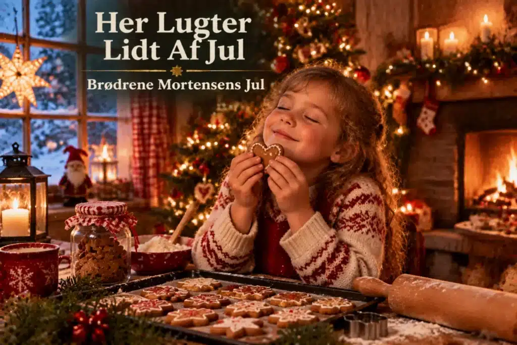 Pige bager julekager i hyggeligt køkken med julelys og pejs