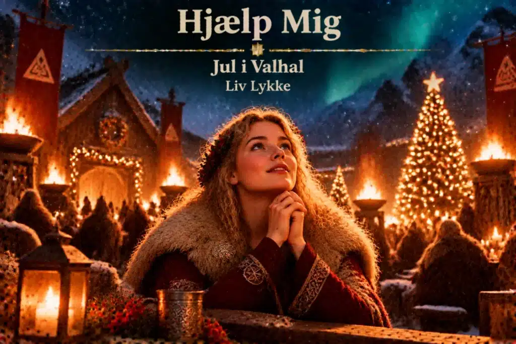 Vikingkvinde beder i Valhal med sne, ild, julelys og nordisk stemning