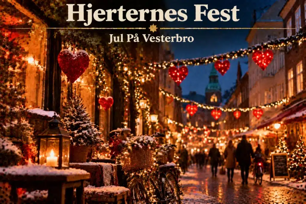 Julepyntet Vesterbro-gade med hjerter, lys og sneklædte bygninger