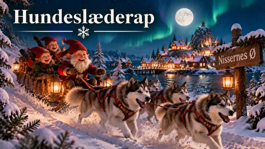 Nisser kører hundeslæde gennem sneen under nordlys og julestjerner